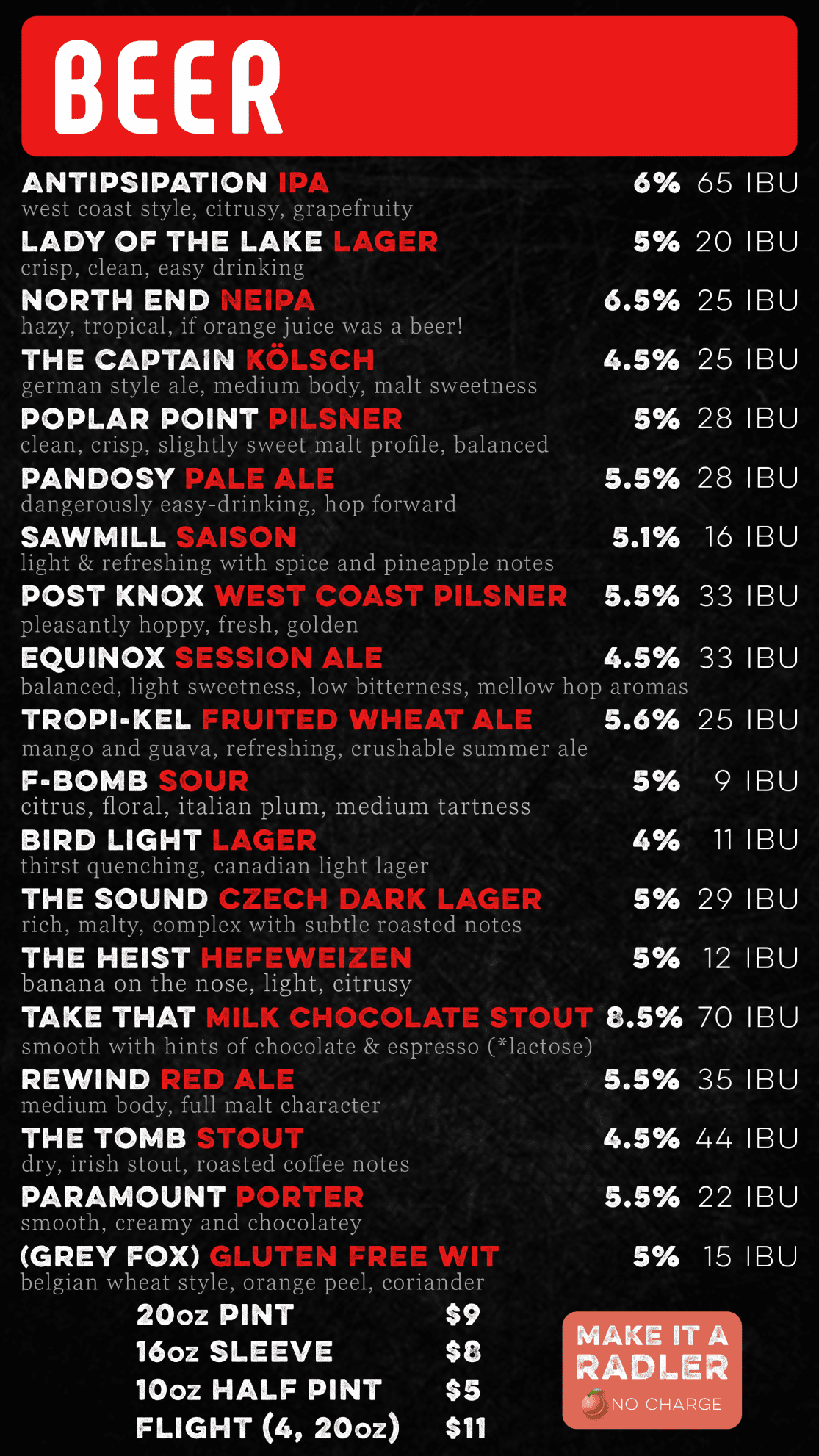 Redbird Menu Red Bird Brewing - Food & Drinks Menu