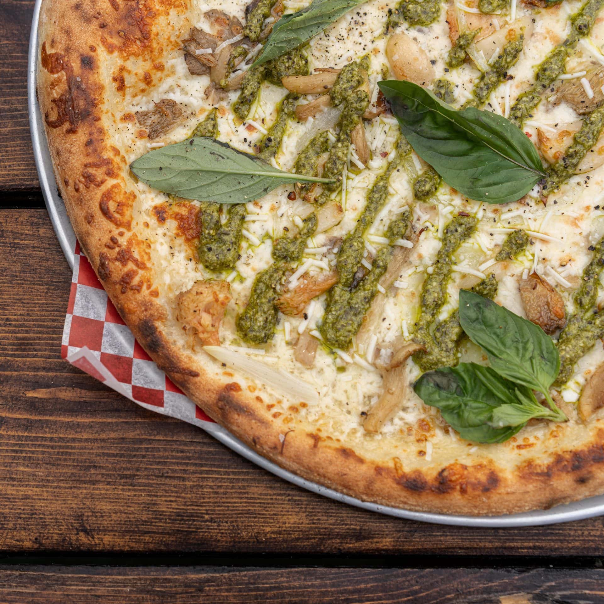 truffled mushroom carbonara pizza at red bird brewing kelowna