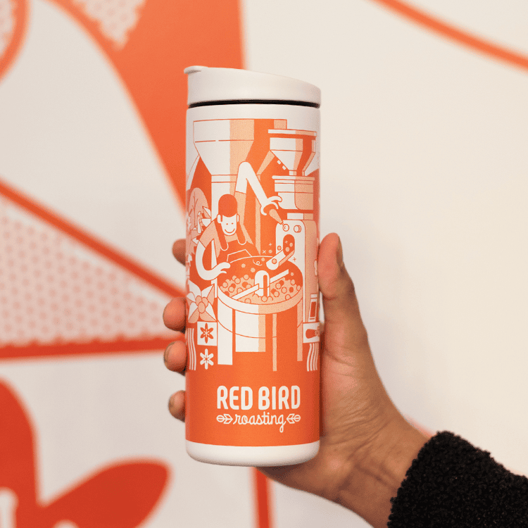 red bird roasting branded mugs